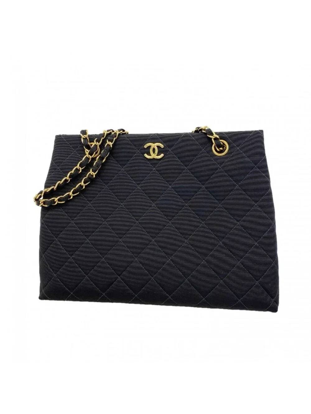 Chanel Shoulder Bag Quilted Cotton Black Gold